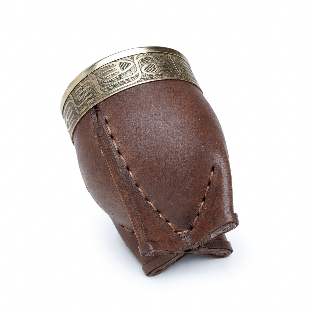 Imperial Norte Mate Cup Brown Leather with Alpaca Rim & Stainless Steel Straw Set
