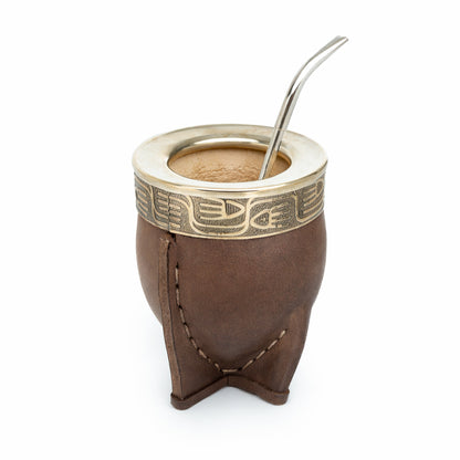 Imperial Norte Mate Cup Brown Leather with Alpaca Rim & Stainless Steel Straw Set