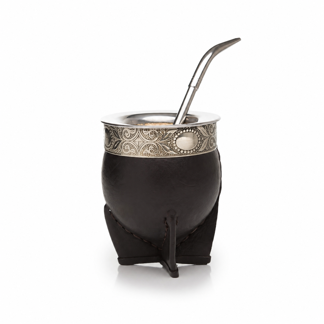 Imperial Original Black Leather Premium Mate with Alpaca & Steel Rim + Stainless Steel Straw (Pico de Loro)