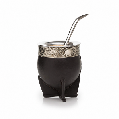 Imperial Original Black Leather Premium Mate with Alpaca & Steel Rim + Stainless Steel Straw (Pico de Loro)