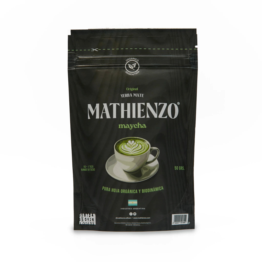 Maycha Mathienzo Pure Leaf Biodynamic Yerba Mate Powder in a 50g doypack, highlighting its organic, nutrient-rich, and versatile nature for beverages and baking.