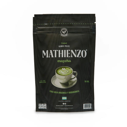 Maycha Mathienzo Pure Leaf Biodynamic Yerba Mate Powder in a 50g doypack, highlighting its organic, nutrient-rich, and versatile nature for beverages and baking.