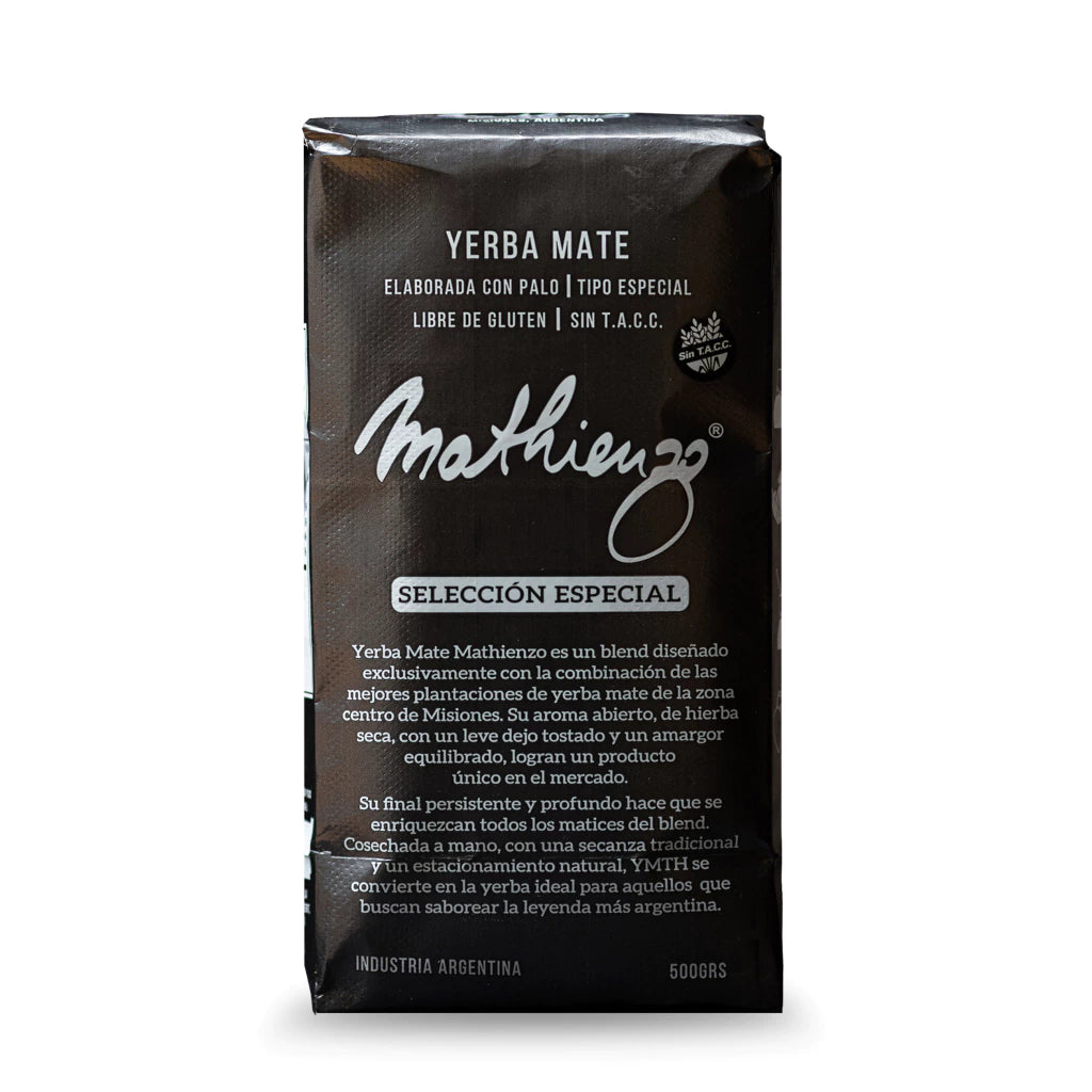 Mathienzo Premium Yerba Mate Blend 500g package, showcasing its natural, hand-picked quality and gluten-free certification, perfect for authentic mate enthusiasts.