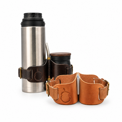 Natural Leather Thermos & Mate Holder Set | Handmade Argentine Mate Carrier