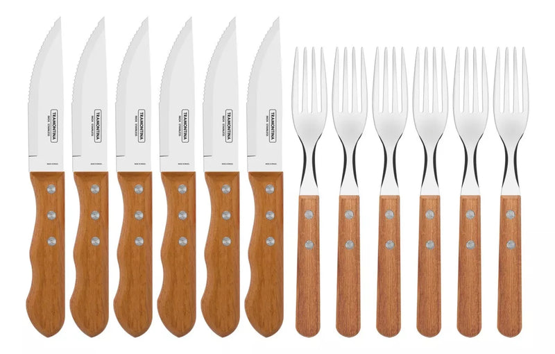 Stainless Steel and Wood Knife and Fork 12 Set - Tramontina Juego de Cubiertos Asado.