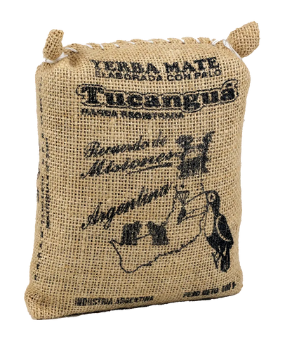 Rustic burlap bag of Tucanguá Yerba Mate, 1 kg, traditional flavor.