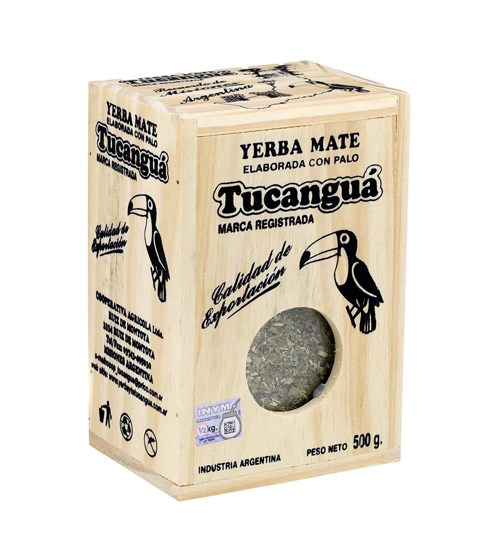 Handcrafted pine box containing 1 kg of premium Tucanguá Yerba Mate.