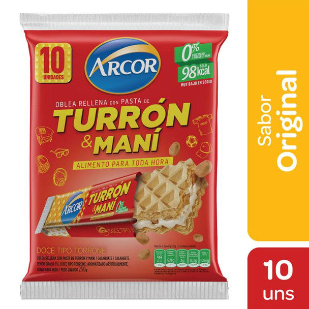 Turrón & Maní Arcor Bar Hard Peanut Cream and Biscuit, 25 g / 0.81 oz (10 units)