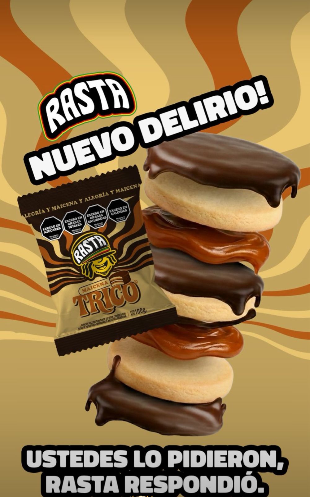 Rasta NEW Trico Triple Alfajor – New Triple-Layer Cornstarch Alfajor Filled with Dulce de Leche & Dark Chocolate 100g/0.22ln