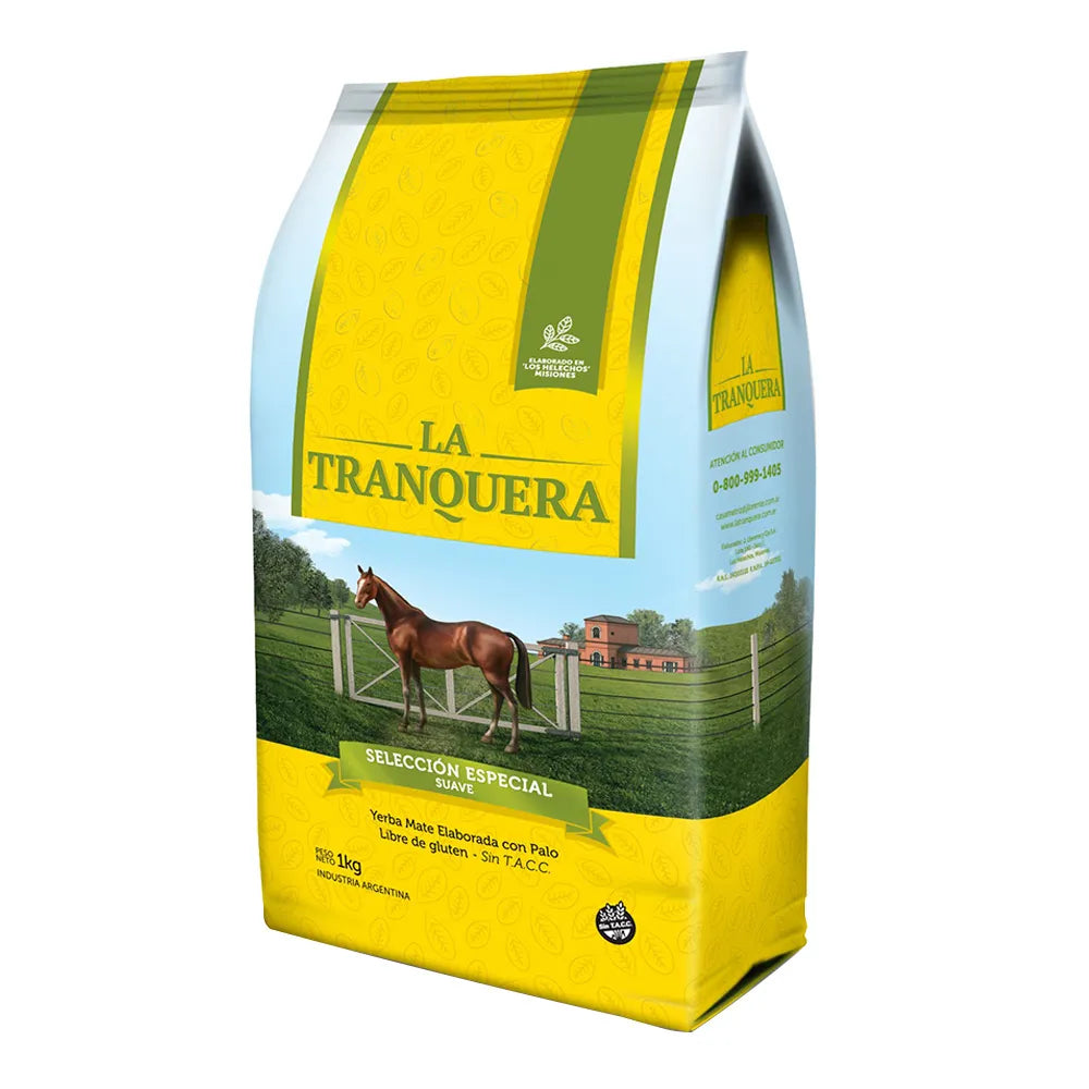 Package of Yerba Mate La Tranquera Suave 1000g, featuring a gentle and mellow mate flavor, ideal for lighter mate rituals with international availability.