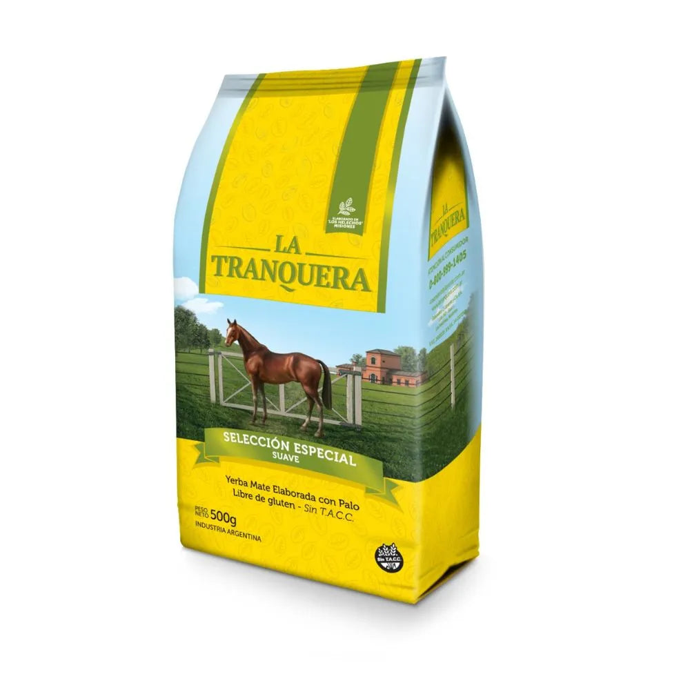 Package of Yerba Mate La Tranquera Suave 500g, offering a smooth and light mate experience, crafted in Argentina for mate enthusiasts.