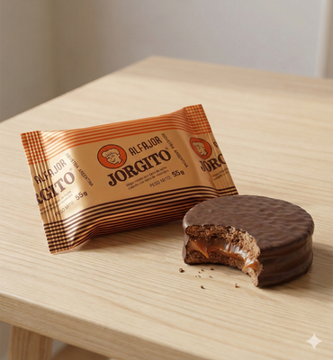 Alfajor Jorgito de Chocolate sobre una mesa
