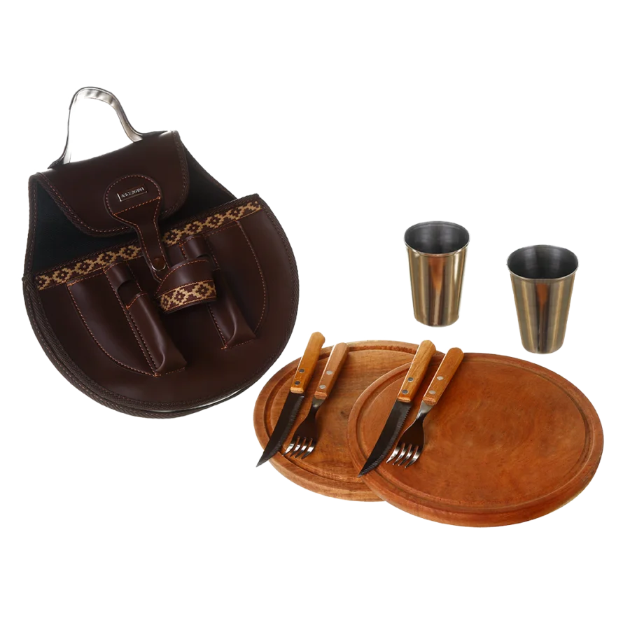 BBQ Set Round Double Case - Brown Eco Leather