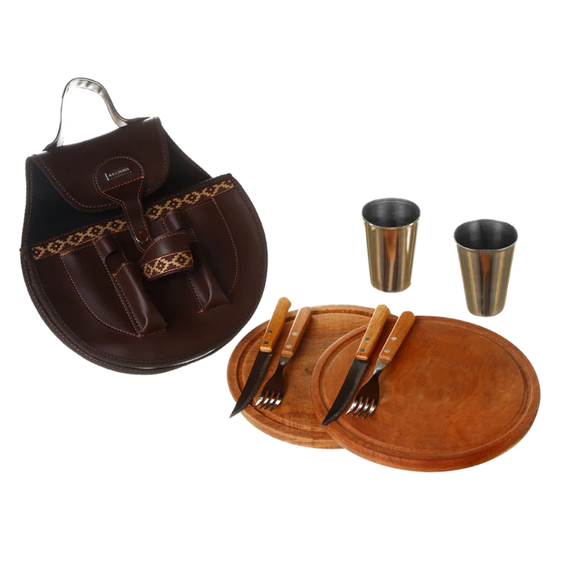 BBQ Set Round Double Case - Brown Eco Leather