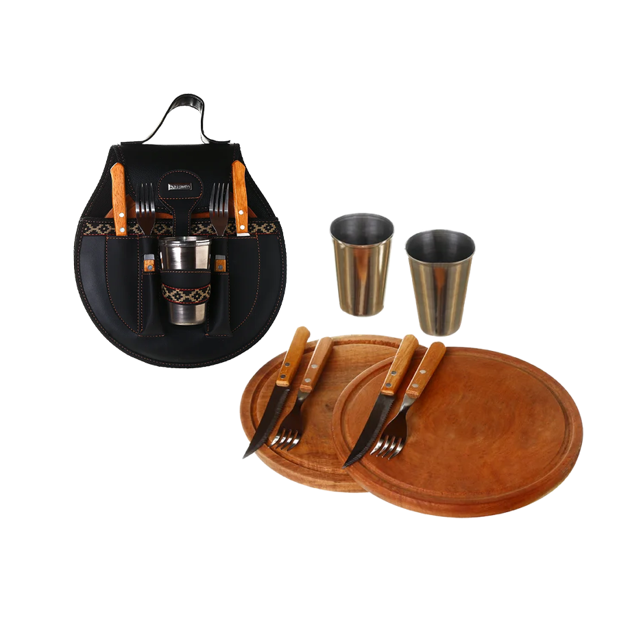 BBQ Set Round Double Case - Black Eco Leather