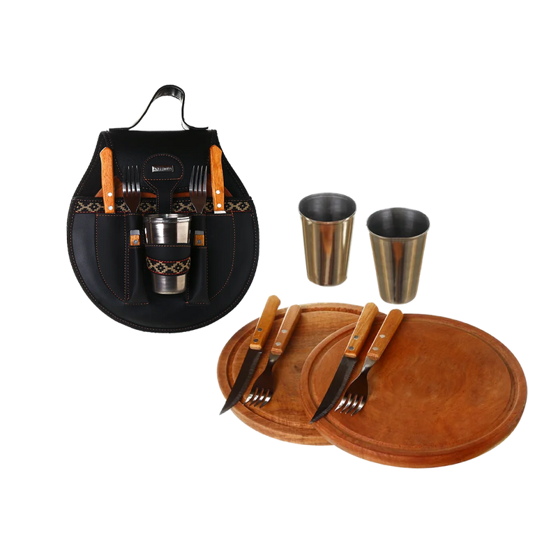 BBQ Set Round Double Case - Black Eco Leather