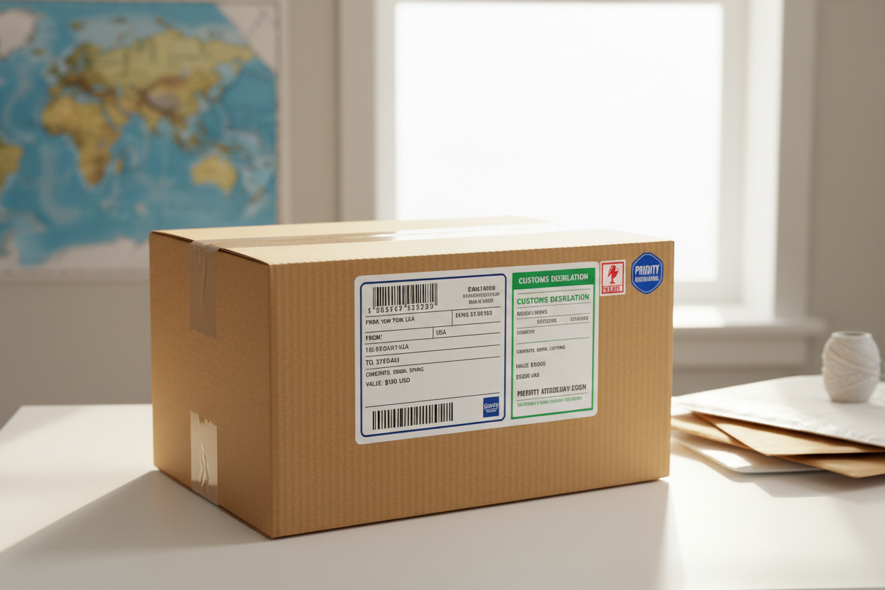 Generar una imagen que sea un paquete cerrado listo para ser enviado a otro pais, imagen profesional y feliz