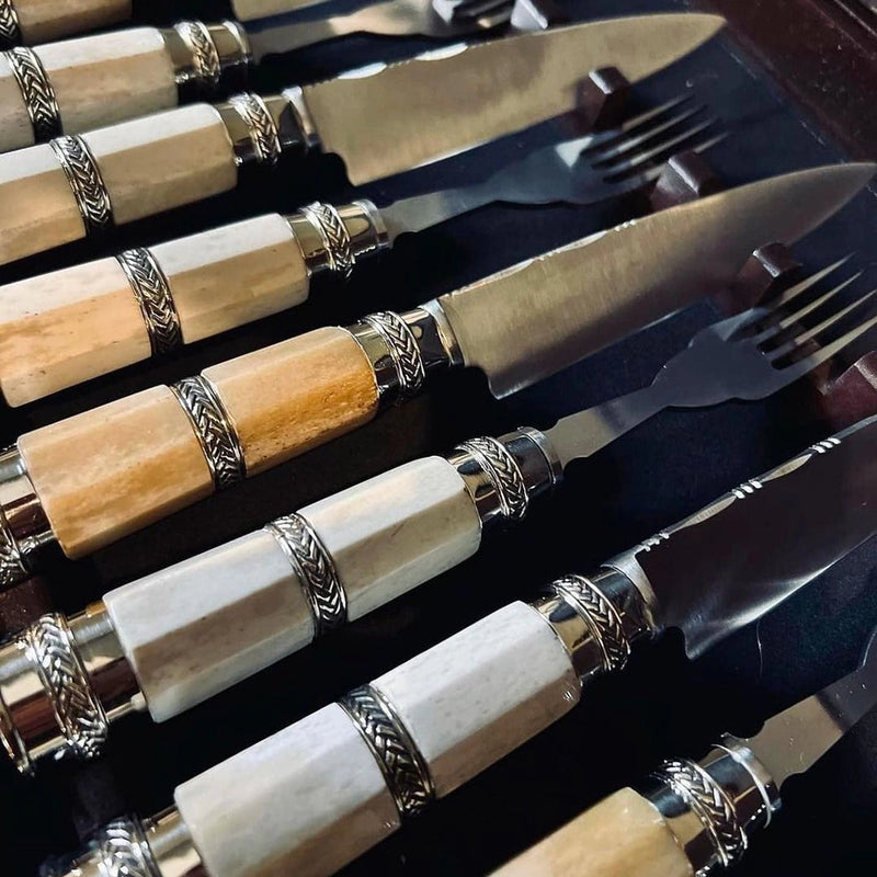 Exclusive Octagonal Bone Cutlery Set with Triple Alpaca Ferrule - Handcrafted Argentine Artistry