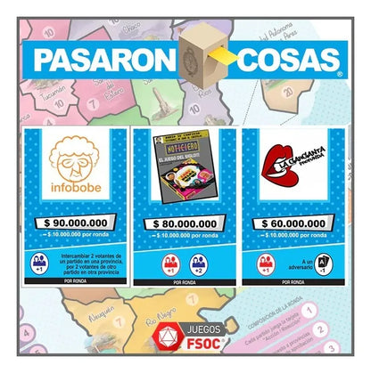 Board game packaging with various logos and prices on a colorful background