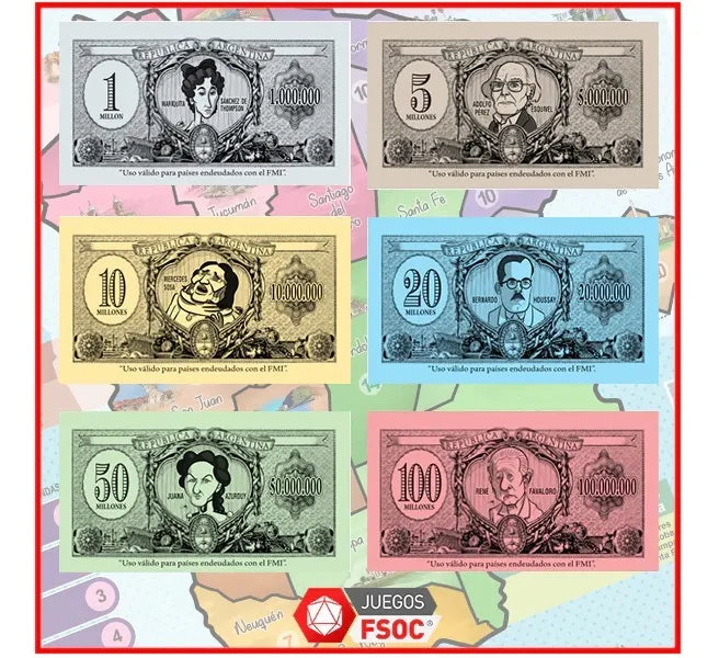 Colorful mock banknotes with portraits and text, labeled 'JUEGOS FSOC'.
