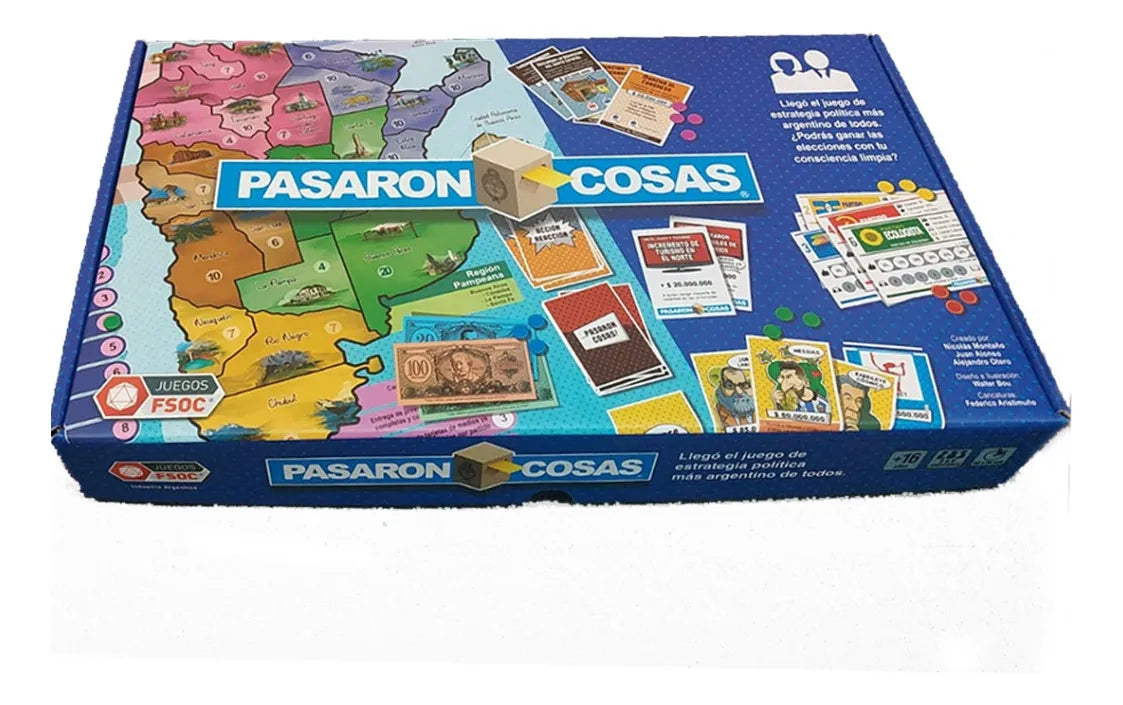 Board game box with colorful graphics and 'Pasaron Cosas' branding on a white background