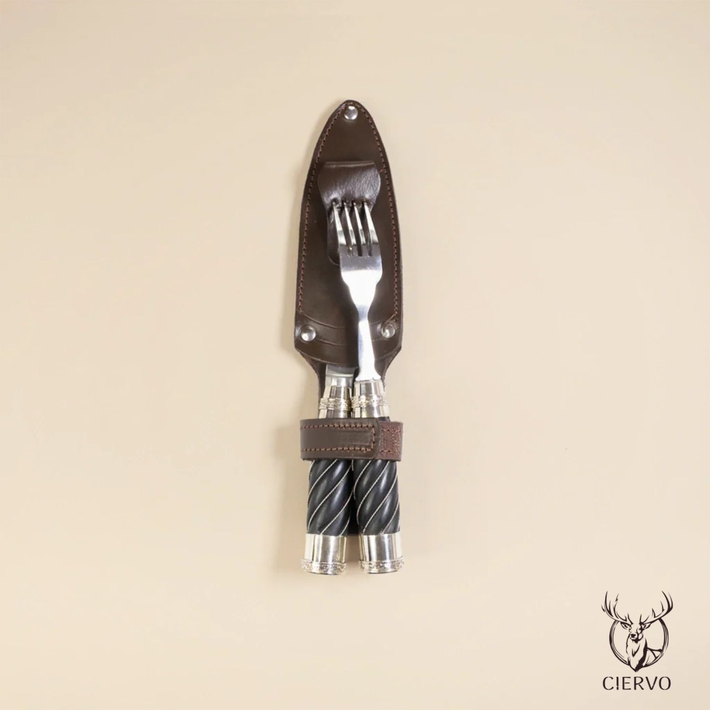 Stainless Steel Picnic Set with Glossy Black Fluted Wood Handle and Double Alpaca