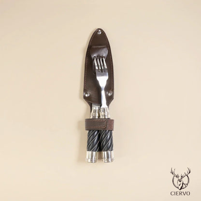 Stainless Steel Picnic Set with Glossy Black Fluted Wood Handle and Double Alpaca