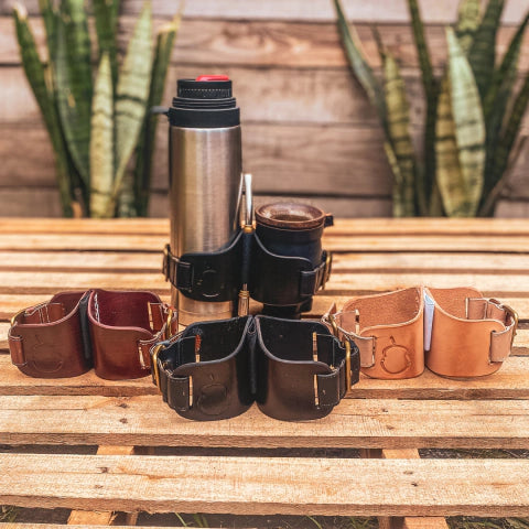 Brown Leather Thermos & Mate Holder Set