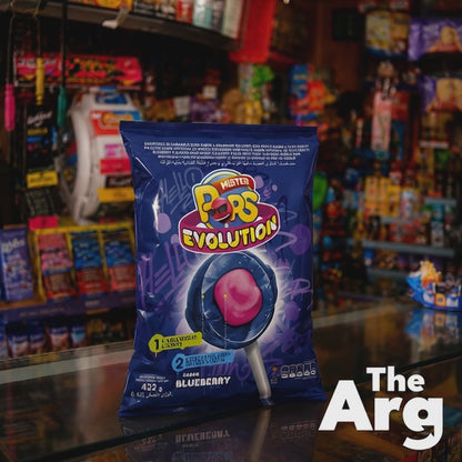 Arcor Mister Pops Evolution Blueberry Lollipops with Tutti Frutti Bubblegum | Bag of 24 – 432g / 15.2oz