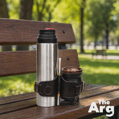Brown Leather Thermos & Mate Holder Set | Artisanal Mate Carry Set