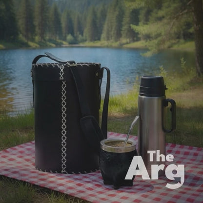 Black Leather Matera Bag | Yerba Mate Carry Bag for Gourd, Thermos & Accessories