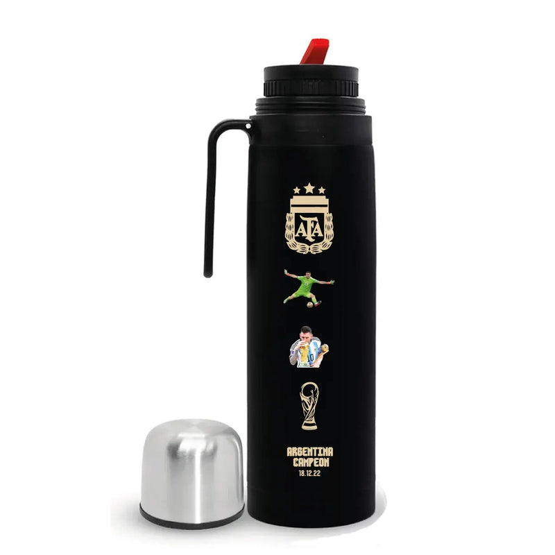 Black Steel Thermos with Half-Handle Featuring Messi and Dibu Design