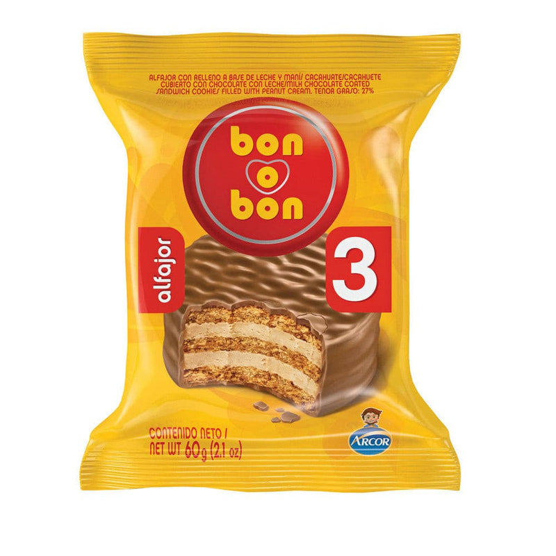 Bon O Bon Alfajor Triple with Peanut Butter and Milk Chocolate 60g / 2.1 oz.